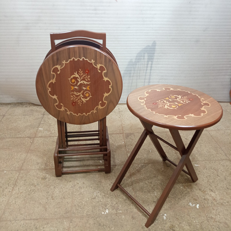میز عسلی چهارتیکه تاشو گرد معرق فروش به صورت نقد و اقساط چوب راش گرجستان ضمانت 36 ماهه بسیار شیک و زیبا و کمجا