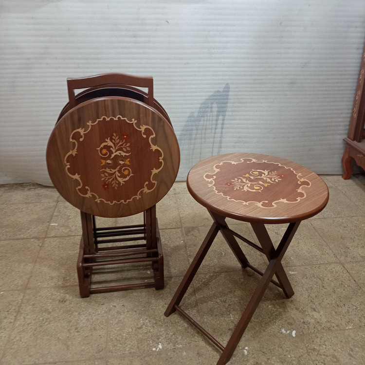میز عسلی چهارتیکه تاشو گرد معرق فروش به صورت نقد و اقساط چوب راش گرجستان ضمانت 36 ماهه بسیار شیک و زیبا و کمجا