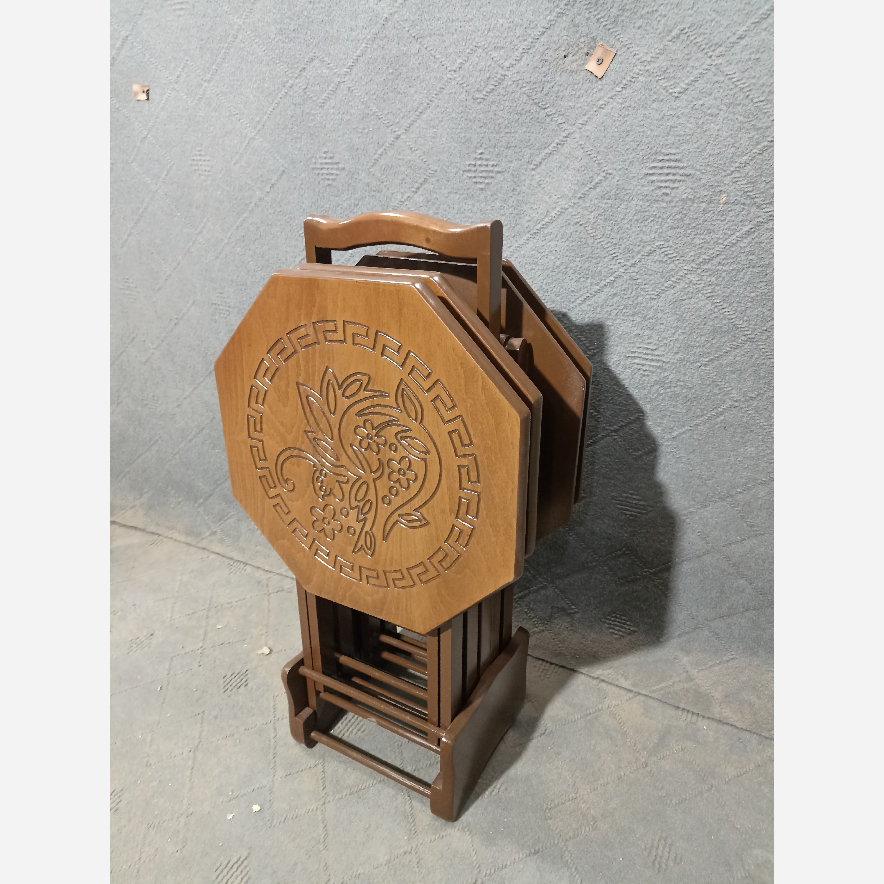 میز عسلی چهارتیکه تاشو هشت ضلعی CNC فروش به صورت نقد و اقساط چوب راش گرجستان ضمانت 36 ماهه بسیار شیک و زیبا