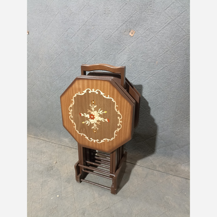 میز عسلی چهارتیکه تاشو هشت ضلعی معرق فروش به صورت نقد و اقساط چوب راش گرجستان ضمانت 36 ماهه بسیار شیک و زیبا و کمجا