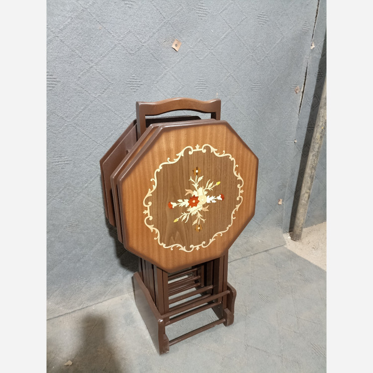 میز عسلی چهارتیکه تاشو هشت ضلعی معرق فروش به صورت نقد و اقساط چوب راش گرجستان ضمانت 36 ماهه بسیار شیک و زیبا و کمجا